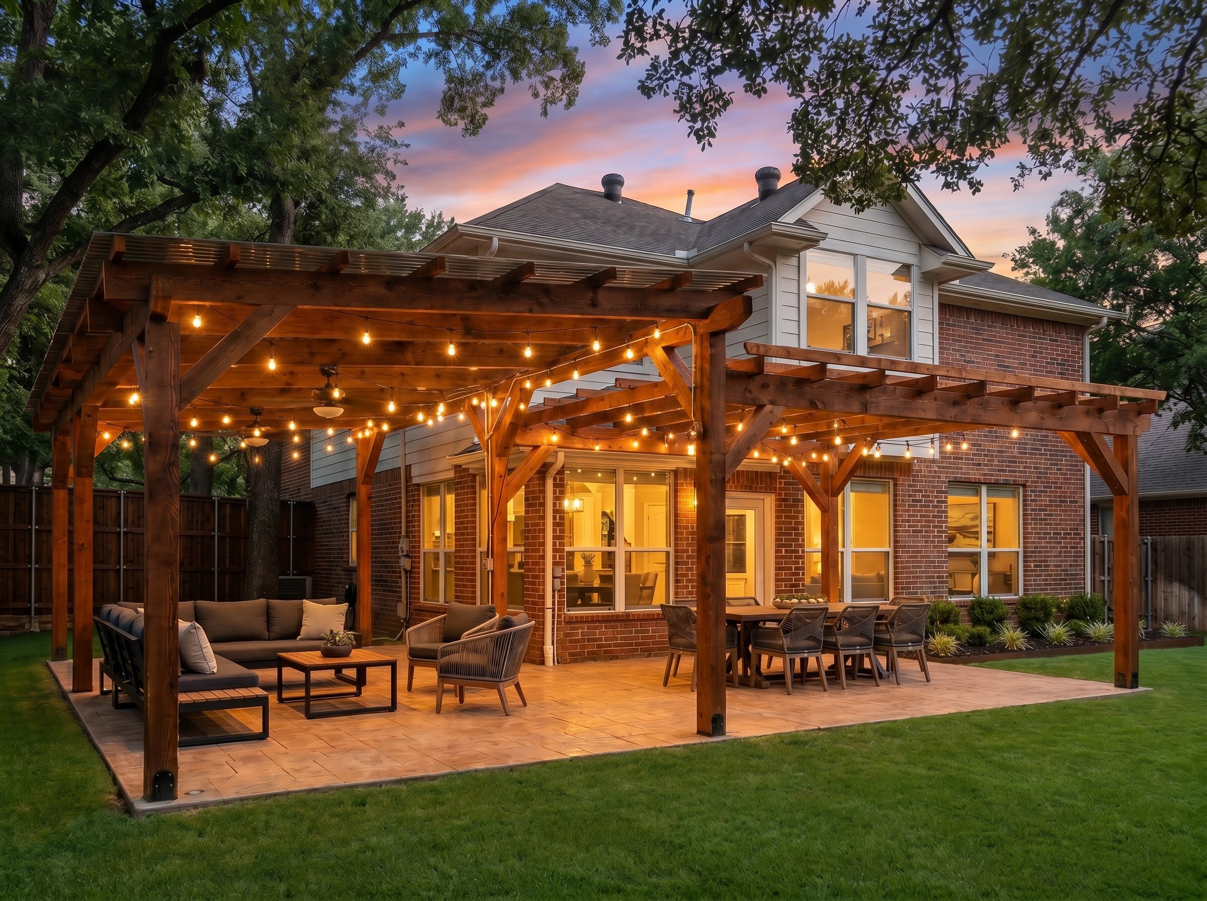 Dual cedar pergola with string lighting — DFW