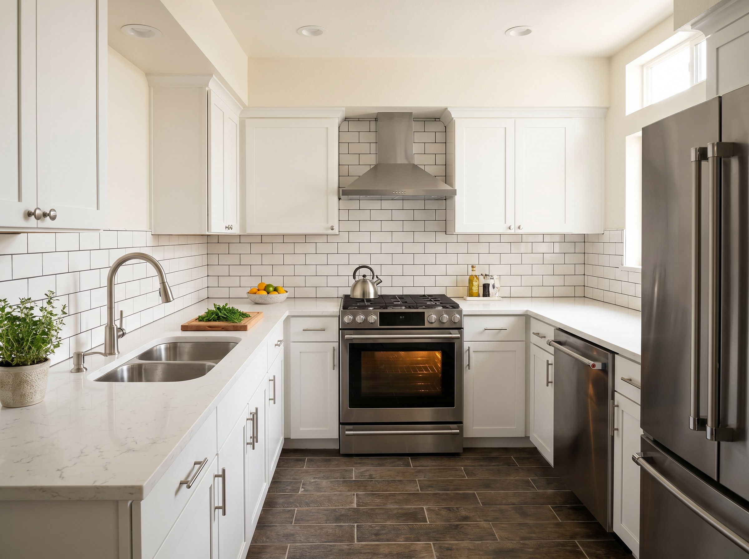 Kitchen remodel — shaker cabinetry, quartz, subway tile