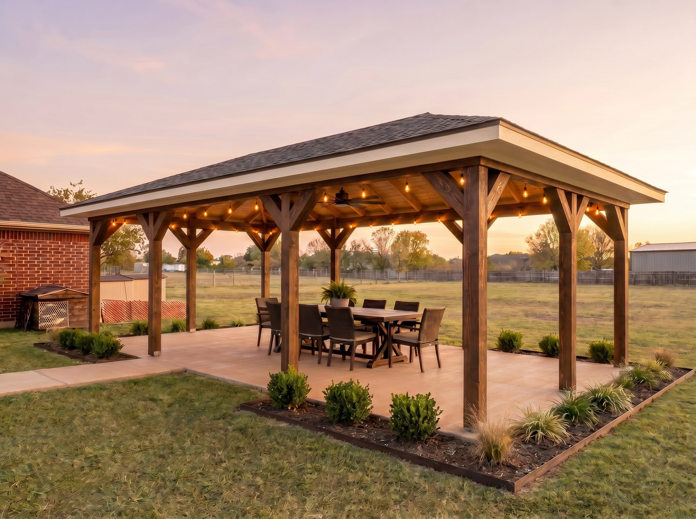 Freestanding pavilion with hip roof and dining area