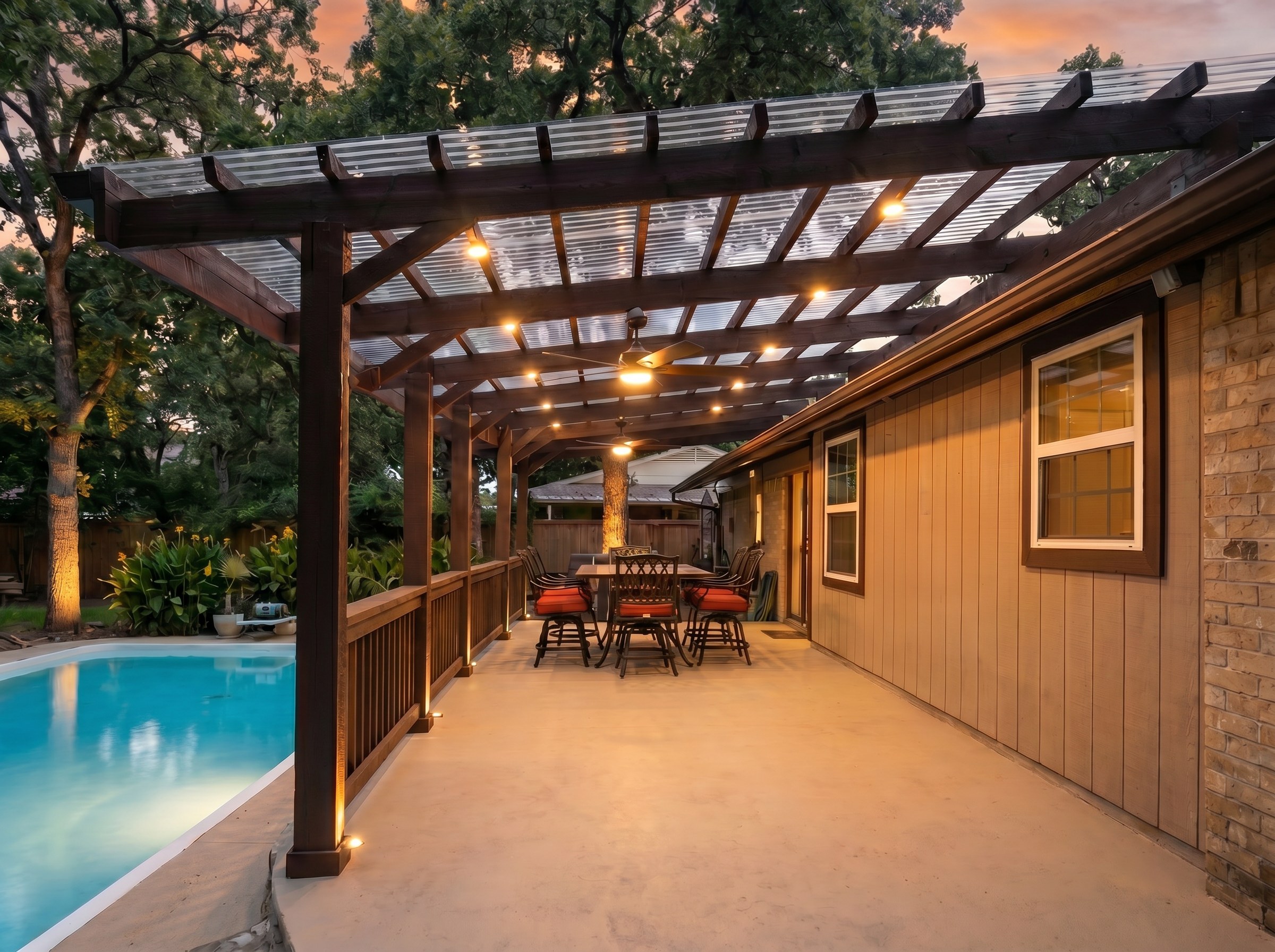 Attached poolside pergola with polycarbonate roof